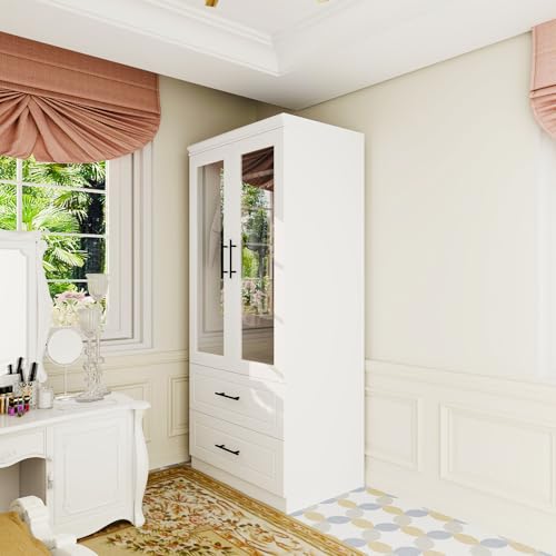 Wood Armoire Wardrobe Closet with Mirror,3 Door Bedroom Armoires Wardrobe Closet with 2 Drawers, Large Wardrobe Closet Storage Cabinet with Hanging Rail, White