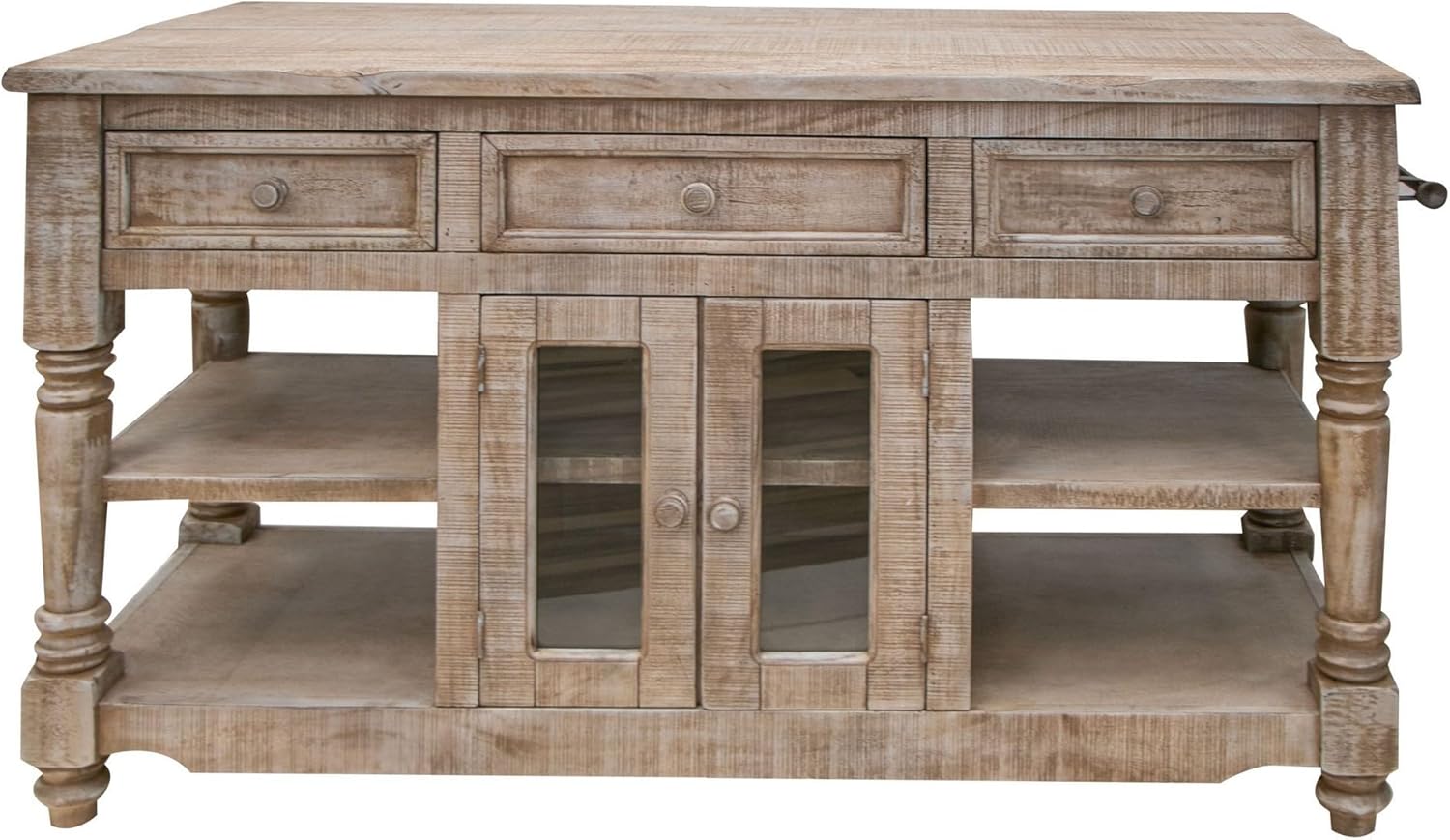 Benjara Genie 60 Inch Kitchen Island, Mango Wood, 3 Drawers, 2 Doors, Drift Sand, Brown