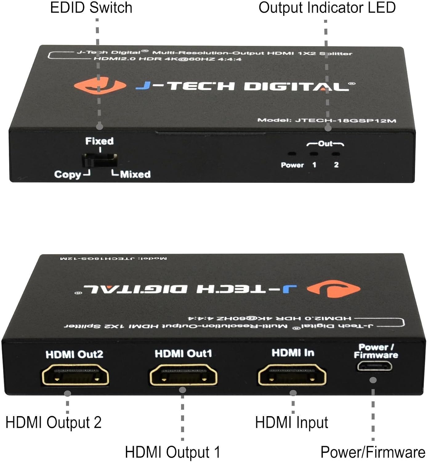 J-Tech Digital Scaler/Multi-Resolution Output (MRO) 18GBps 1x8 HDMI 2.0 Splitter HDR10/Dolby Vision 4K@60Hz 4:4:4 [JTECH-18GSP18M]