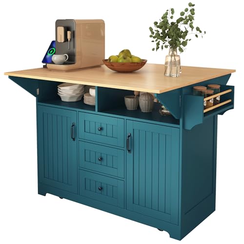 Large Kitchen Island Cart with 2 Drop Leaf, Mobile Dining Table with Storage Cabinet, Rolling Kitchen Cart with Power Outlets, 3 Drawers, Spice & Towel Rack