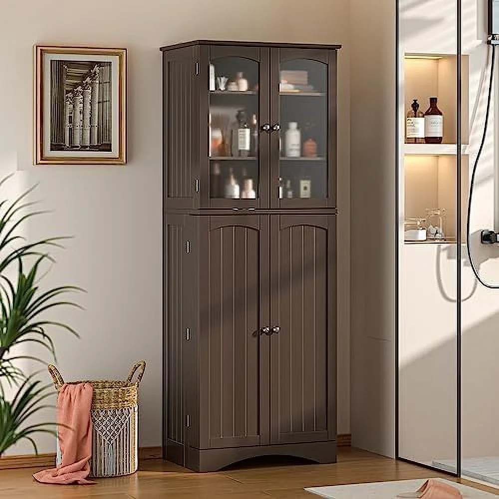 64" Kitchen Pantry Cabinet  Tall  Cabinet with Glass Doors and Adjustable Shelves  Freestanding Floor Cabinet Cupboard for Kitchen  Living Room  Dining Room (Dark Brown)