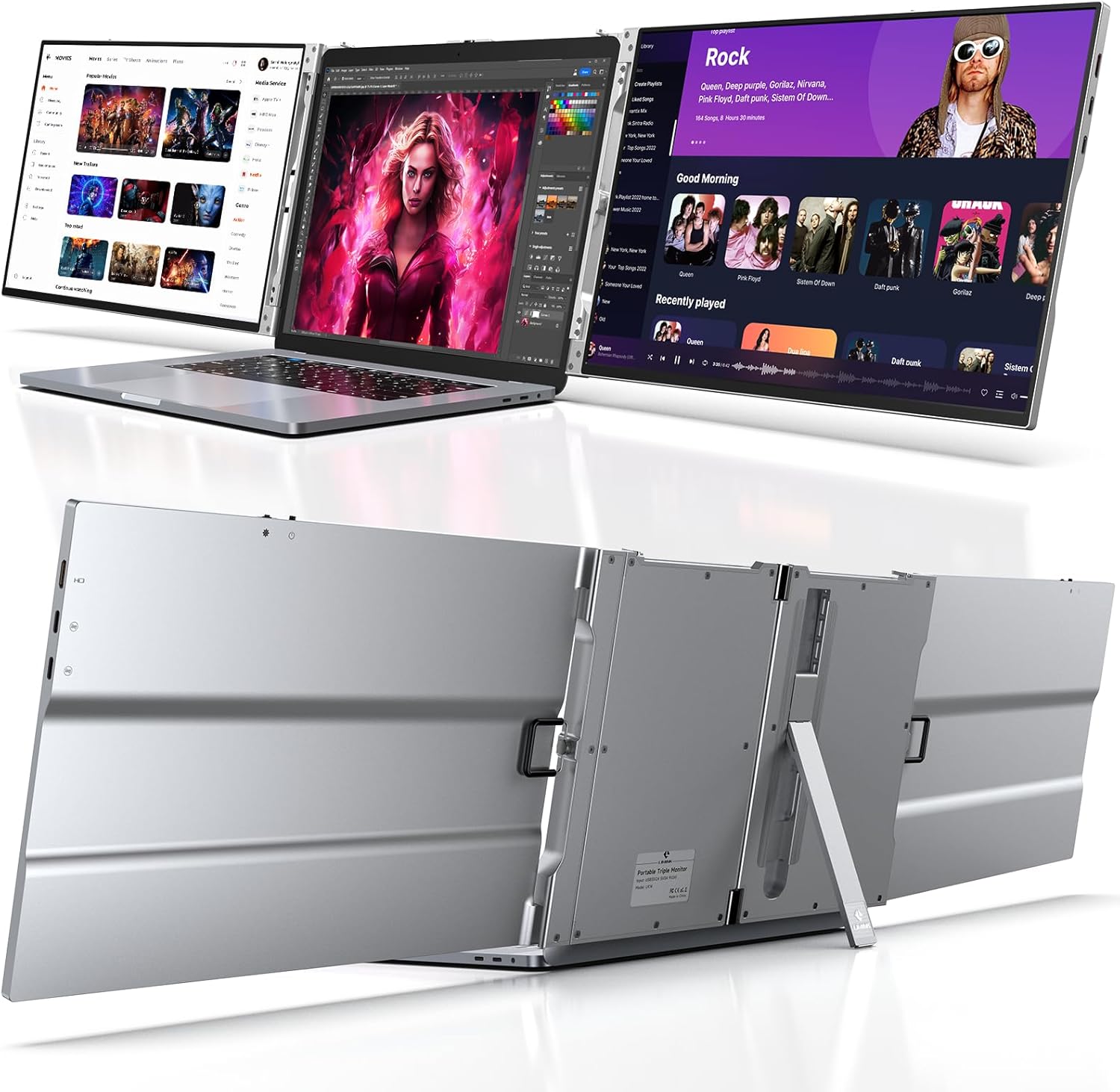 L LIMINK 14" Portable Triple Monitor for Laptop, Aluminum Alloy Laptop Screen Monitor Extender with Kickstand, 1200P Plug&Play FreeSync Frameless Dual Monitor for 13-16" Windows MacBook Laptop - LK14