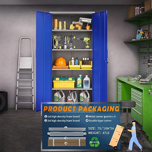 Yizosh Metal Garage Storage Cabinet with 2 Doors and 5 Adjustable Shelves - 71" Steel Lockable File Cabinet,Locking Tool Cabinets for Office,Home,Garage,Gym,School (Gray White)