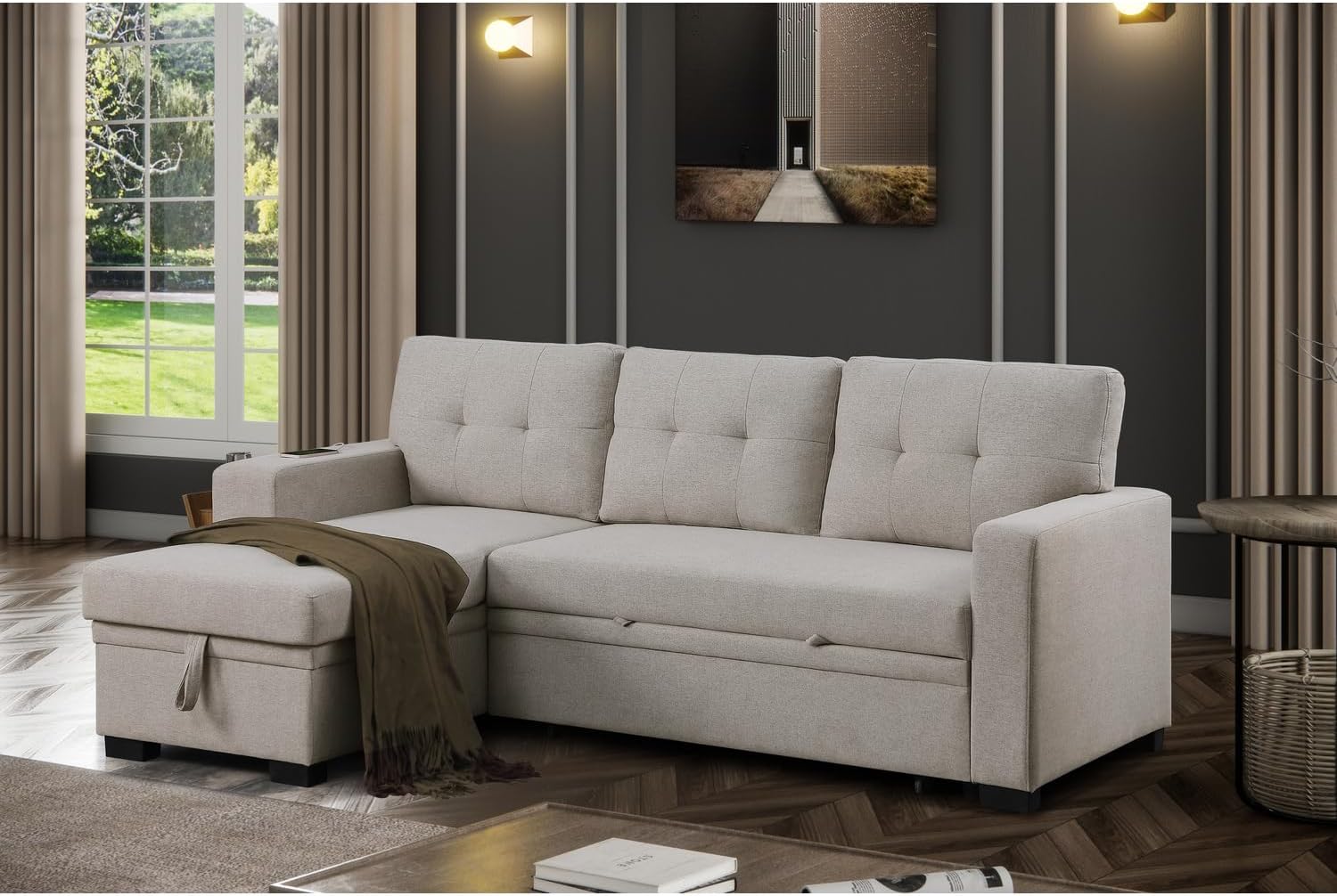 Devion Furniture 92" W Modern L-Shaped Polyester Fabric Upholstered Reversible Side Compartment Sleeper Sectional Sofa Bed with Chaise in Light Gray Finish