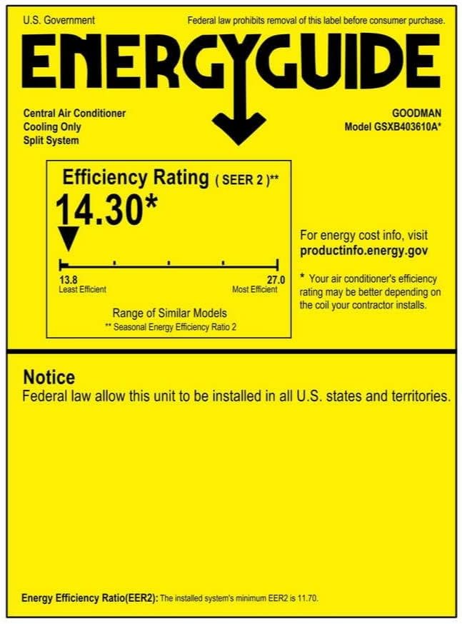 Goodman 3 Ton 15.2 SEER2 Energy-Efficient Single Stage Split System Air Conditioner GSXB403610 and Multi-Positional Multi-Speed Air Handler AMST42CU1400 with Internal TXV