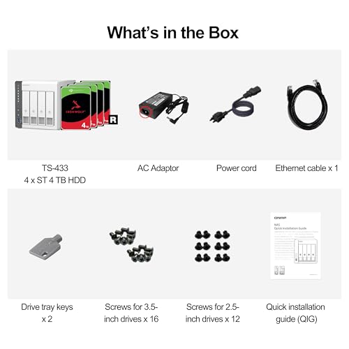 QNAP 4 Bay NAS with 12TB Storage Capacity, Preconfigured RAID 5 Seagate IronWolf Drives Bundle, 2.5GbE Ports (TS-433-4G-44ST-US)