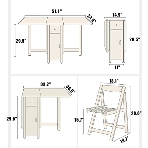 Folding Table And Chairs,Drop Leaf Extension Dining Table With 4 Chairs,Solid Wood Dining Table Set For 4,Farmhouse Folding Dining Tables For Small Spaces Kitchen Island(Table and 4 chairs, White)