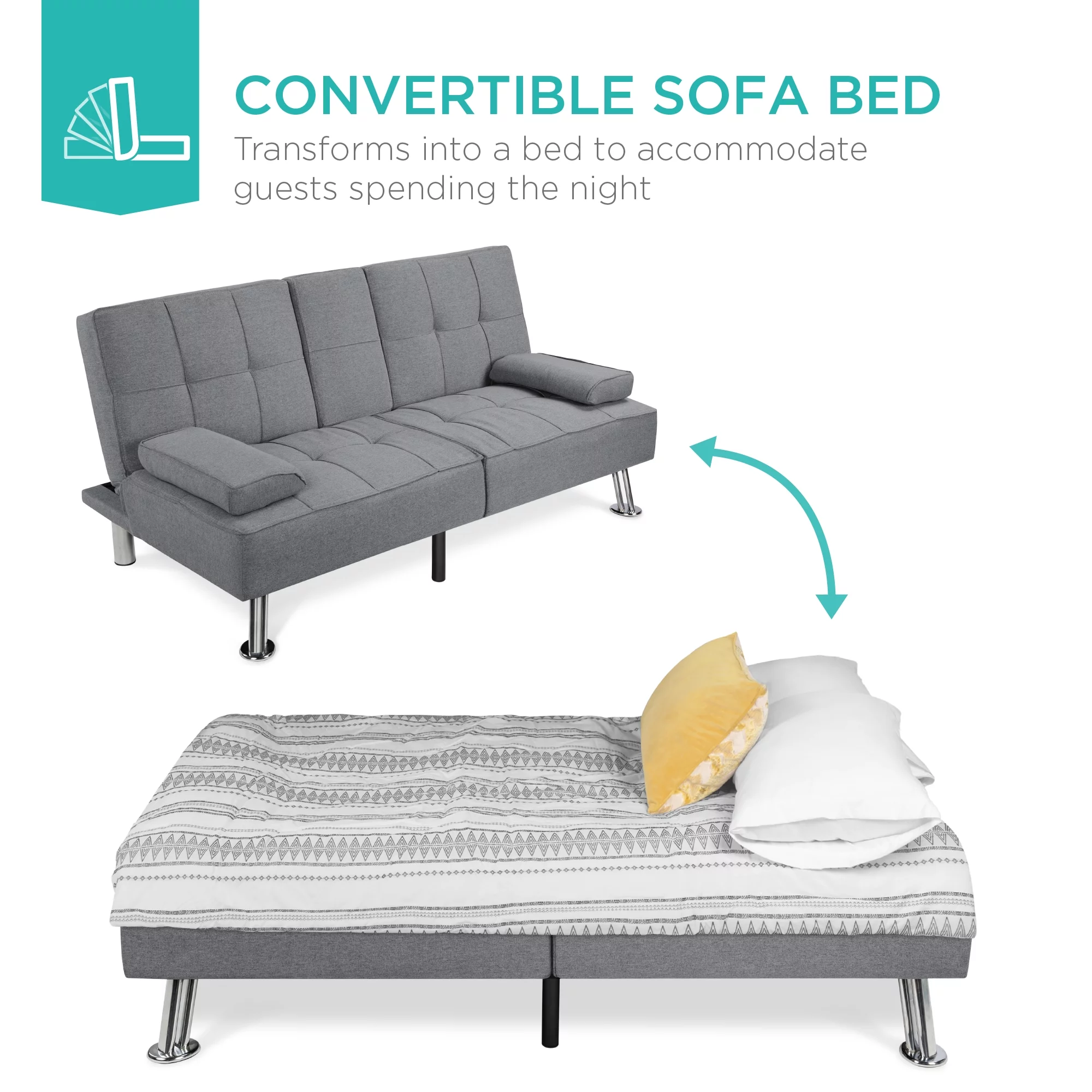 Best Choice Products Modern Linen Convertible Futon Sofa Bed w/ Removable Armrests, Metal Legs, Cupholders - Gray