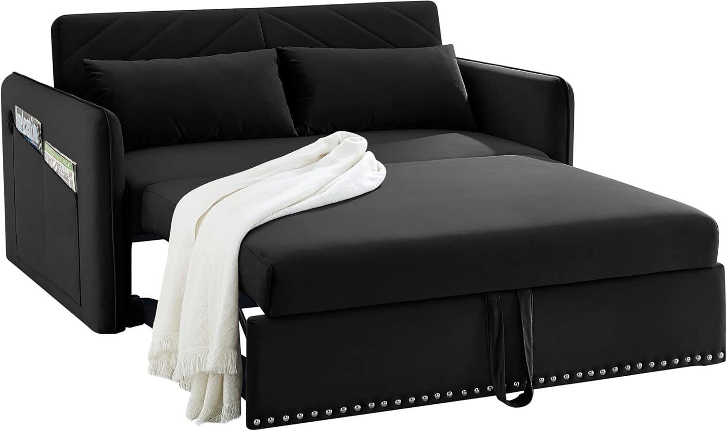 DHHU Convertible, 3 in 1 Velvet Loveseat Sleeper Sofas Couch with Pull Out Beds, Small Love seat with Adjustable Backrest, Lumbar Pillows & Side Pocket for Living Room, Black