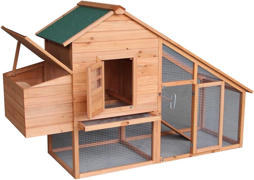 Outdoor Wooden Chicken Coop,Multi-Level Hen House, WaterproofPet Rabbit Hutch Chiken Coop Cage Hen House Poultry Cage with Ramps, Run, Nesting Box, Wire Fence (75‘’)