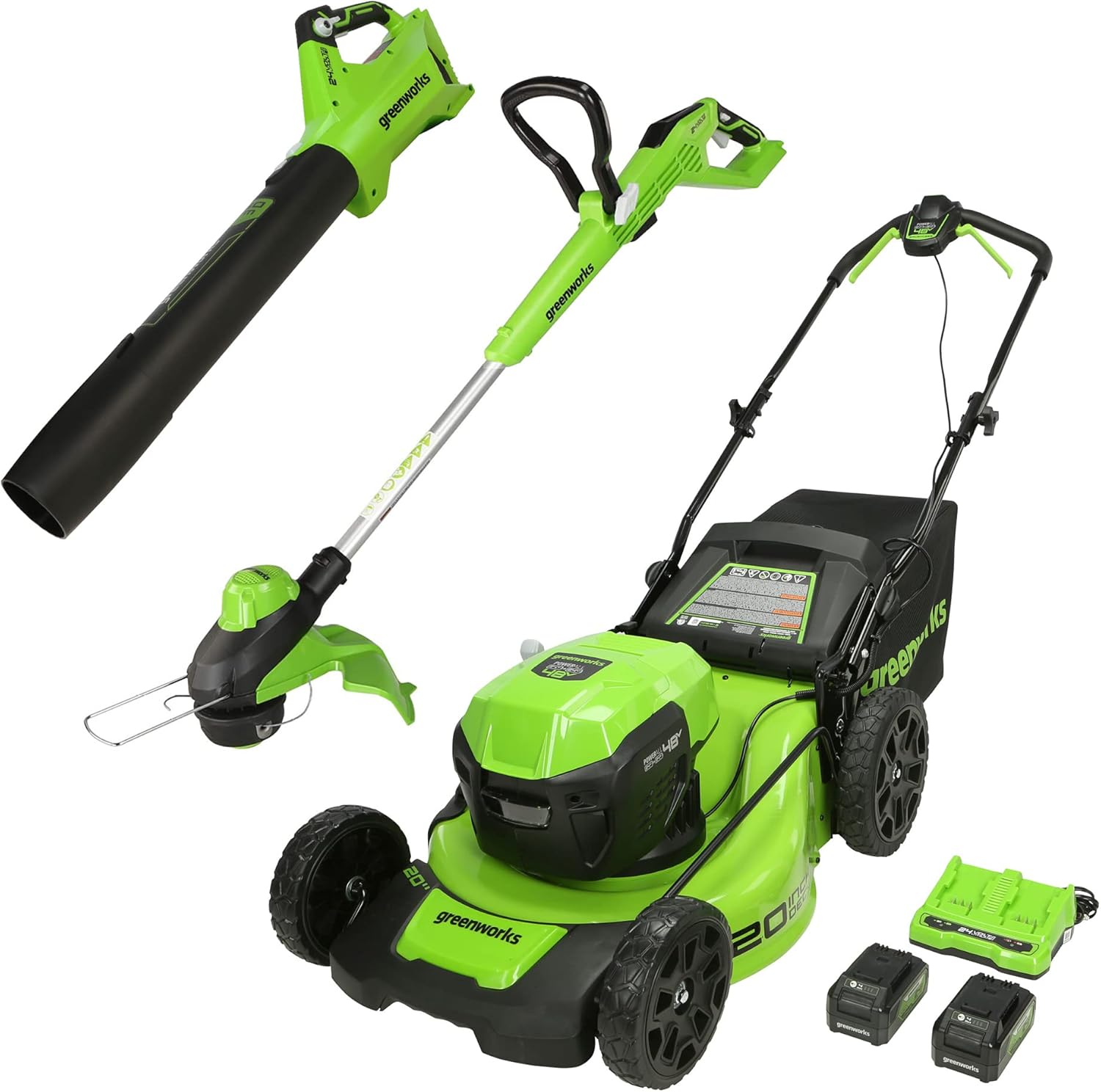 Greenworks 2 x 24V (48V) 20" Brushless Cordless Push Lawn Mower, (2) 4.0Ah USB Batteries (USB Hub) and Dual Port Rapid Charger Included