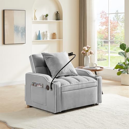 GERRIT Velvet Convertible Sleeper Sofa Chair Bed, 3 in 1 Multi-Functional Lounge Chair Sleeper, Pull Out Couch Guest Bed with USB Port & Cup Holder for RV, Living Room, Small Spaces (Grey)