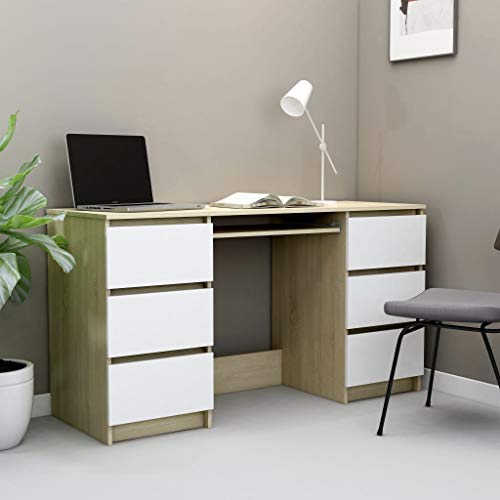 Chipboard Writing Desk with 6 Drawers Computer Desk Worktable Console Table Space Saving Design Reading Table Office Desk Side Table for Living Room Bedroom Office Tiny House 55.1" x 19.7" x 30.3"