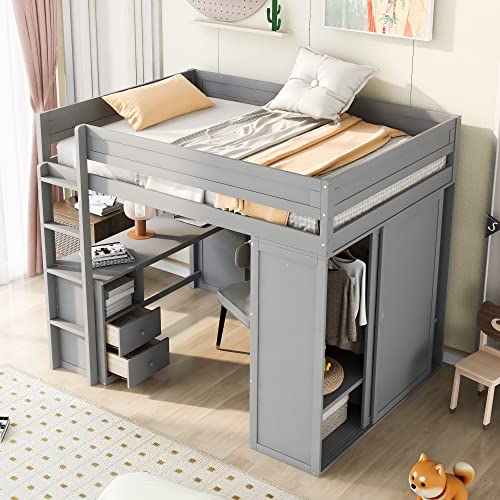 Full Size Loft Bed with Storage Wardrobe and Desk Wooden Loft Beds Frame with Drawers and Cabinet Wood High Loft Beds with Ladder for Kids Teens Adults, White