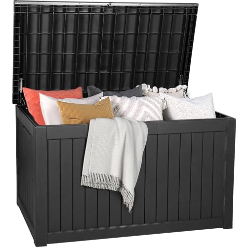 DWVO 120 Gallon Outdoor Storage Box, Large Lockable Resin Deck Box, Water Resistant Patio Storage Box for Tools, Cushions, Supplies - Black