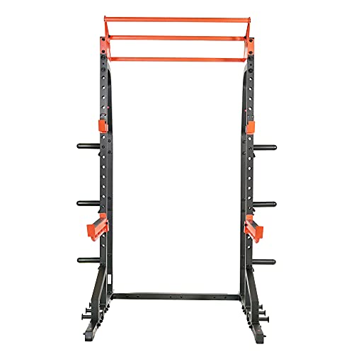 Sunny Health & Fitness Power Zone Half Rack Heavy Duty Performance Power Cage with J-Hooks, Adjustable Pull Up Bar Optional Bench with Dumbbell Rack, Premium Incline Bench, LAT Pull Down Attachment