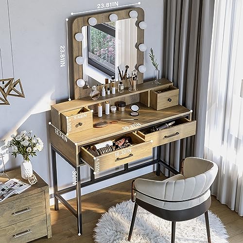 Sunvivi Vanity, Makeup Vanity Desk with 3 Color Dimmable Lighted Hollywood Mirror, White Vanity with 4 Drawers, Large Dressing Table for Women Girls