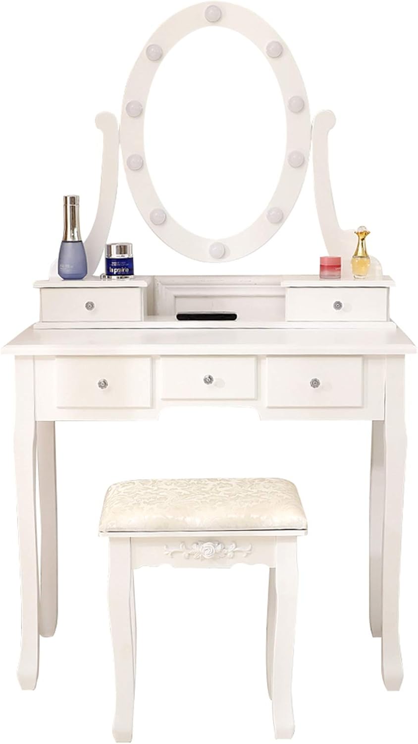 White Lighted Makeup Vanity Set - Makeup Desk with 360° Rotating Oval Mirror and Cushioned Stool - Make-up Vanity Station with Removable Top - Dressing Table with 10 Light Bulbs and 5 Sliding Drawers