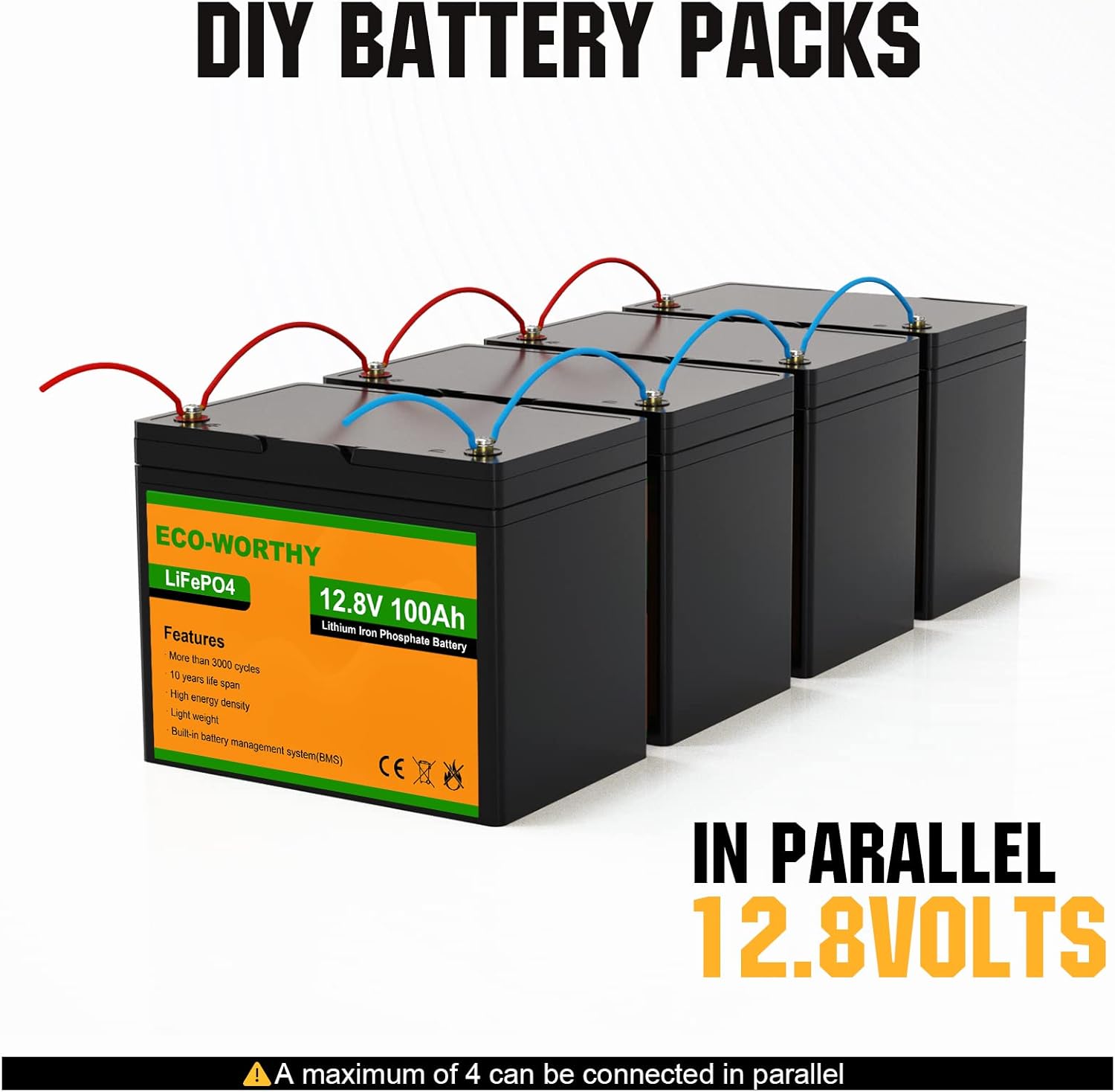 ECO-WORTHY 12V 100AH LiFePO4 3000+ Cycle Lithium Iron Phosphate fast charging Battery with BMS, Rechargeable battery for RV, Camping, Marine, Backup power, Solar Home Off-Grid System