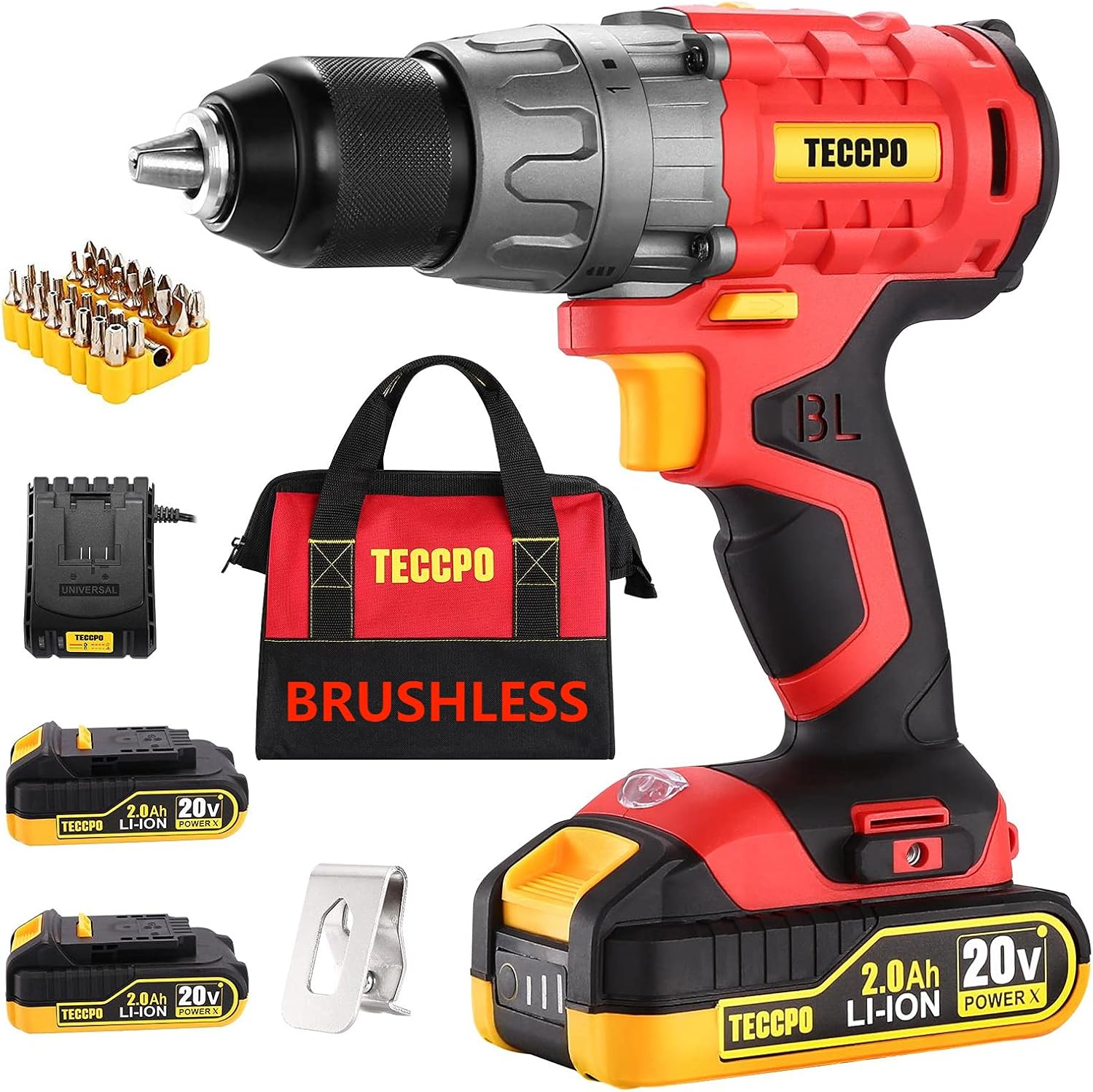 TECCPO Cordless Drill, 20V Drill Set Power Drill, Brushless Drill Driver with 2 Batteries, 530 In-lbs, 1/2All-Metal Chuck, 21+1 Torque Settings, 0-1500RPM Variable Speed, 33pcs Accessories with Case