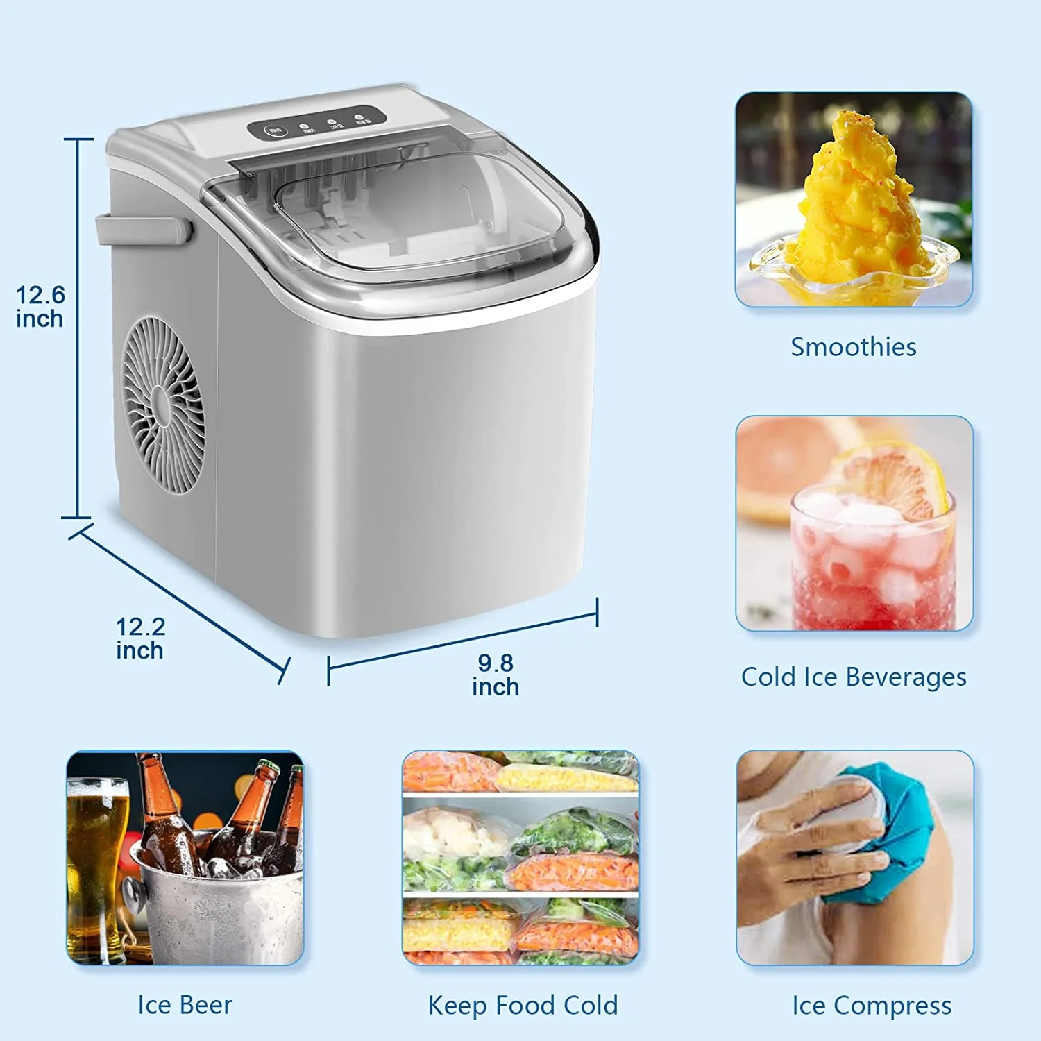 Countertop Ice Maker Portable Ice Machine with Handle, Self-Cleaning Ice Makers, 26Lbs/24H, 9 Ice Cubes Ready in 6 Mins for Home Kitchen Bar Party