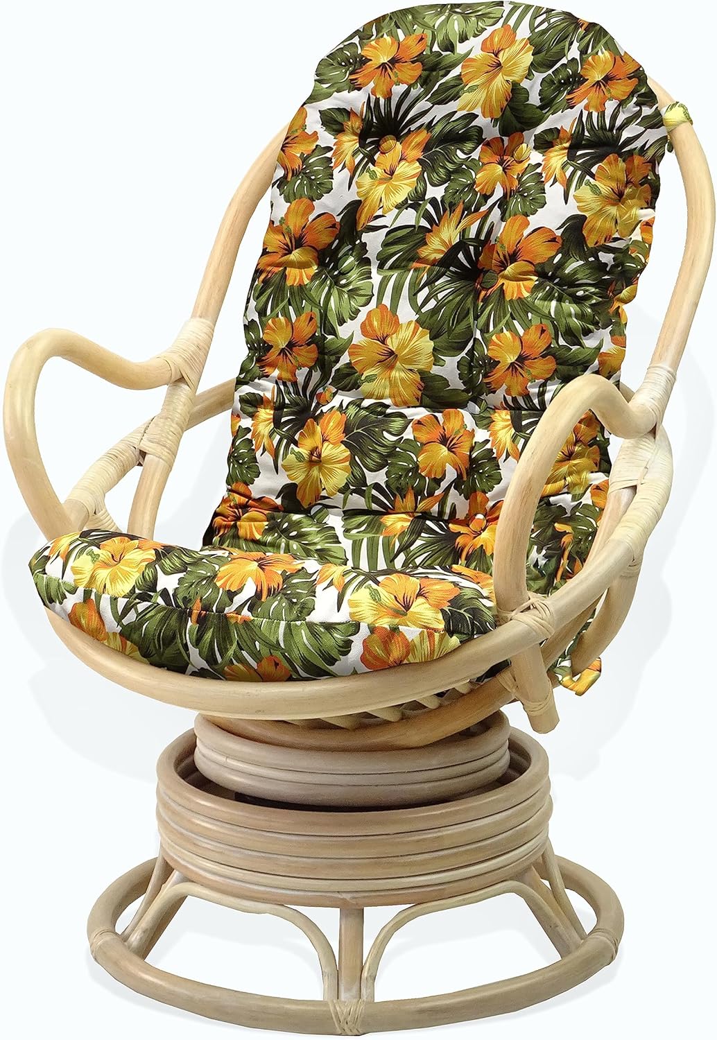 Java Lounge Swivel Rocking Chair with Floral Cushion Natural Rattan Wicker Handmade, White Wash