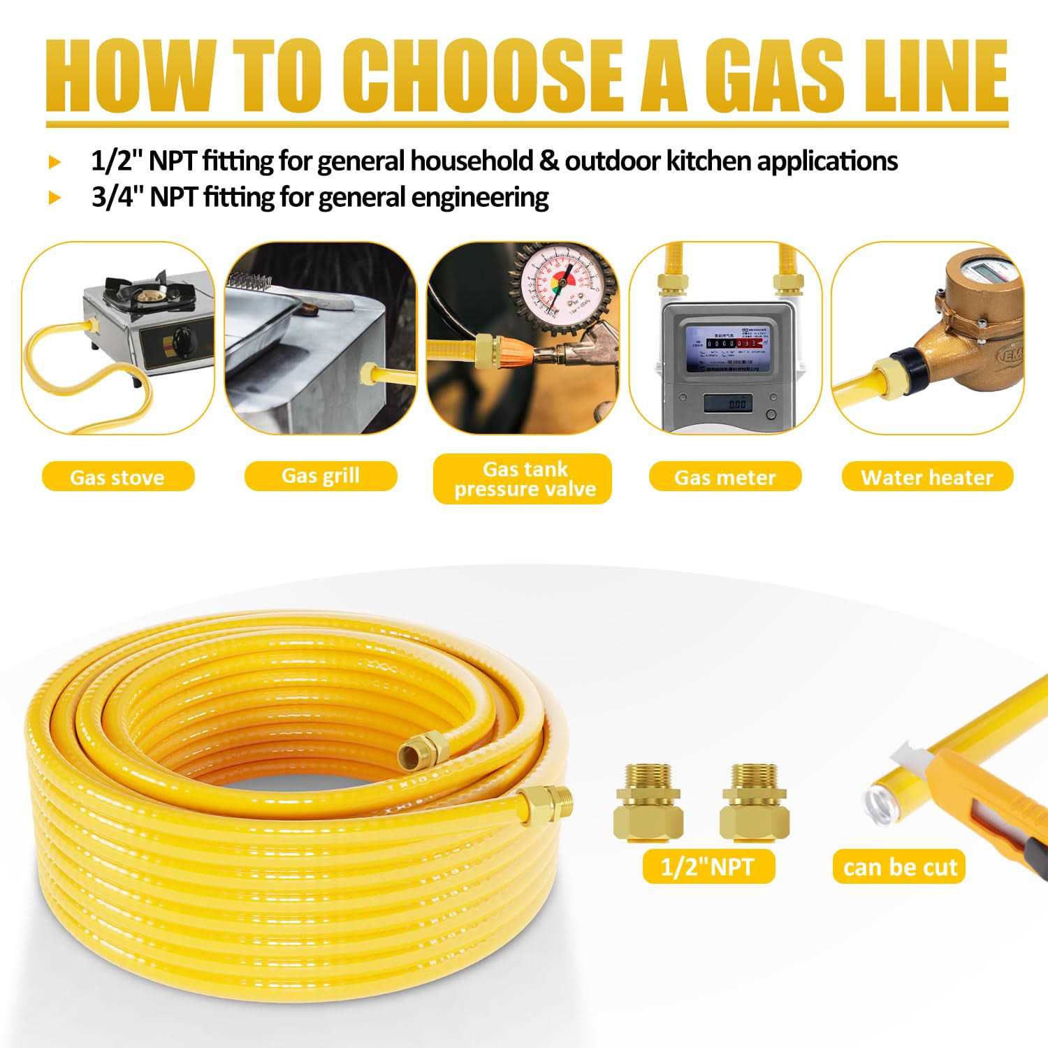 100ft 1/2 '' Flexible Gas Line,CSST Corrugated Stainless Steel Tubing,Natural Gas Line Pipe Propane Conversion Kit Grill Hose with 2 Male Adapter - Shop Hardware Tools Online Store