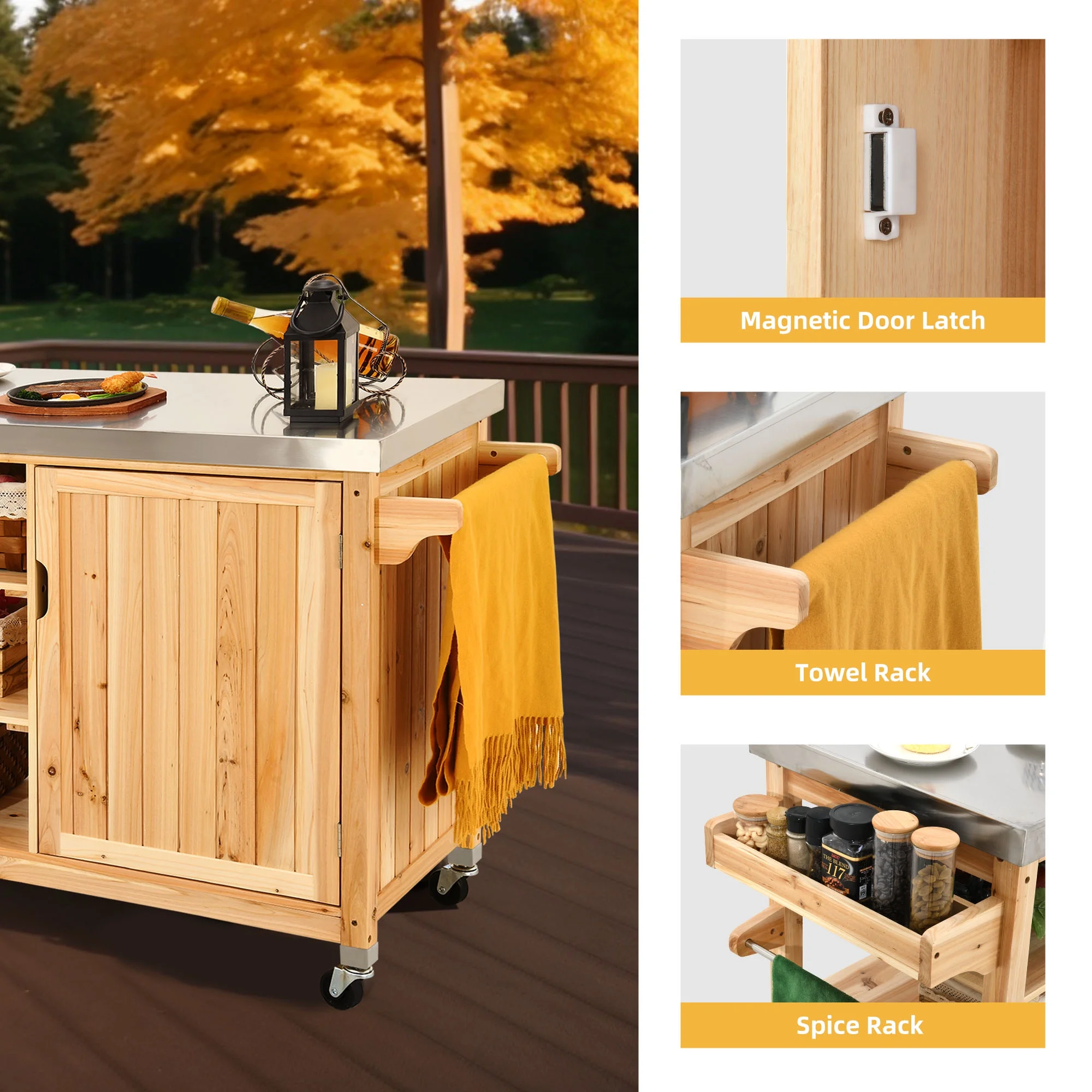 DWVO Outdoor Table and Storage Cabinet Solid Wood Movable Grill Table with Stainless Steel Top for Outside Patio Kitchen Island or Bar Cart - Natural