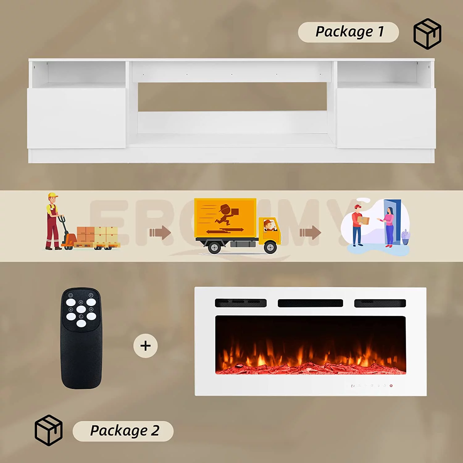 Erinnyees 80'' Fireplace TV Stand with 40'' Electric Fireplace, Entertainment Center with 16 Color Led Lights and 12 Flame Fireplace Insert Heater, TV Console for TVs up to 80'' for Living Room, White