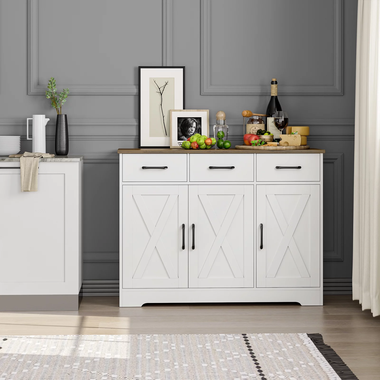 Homfa 42.5‘’ Kitchen Buffet Sideboard Cabinet, 3 Drawers Farmhouse Coffee Bar Storage Cabinet with Adjustable Shelf, White - Curated Treasures Market