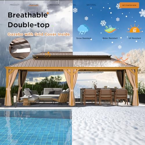 EROMMY 14'x20' Hardtop Gazebo Double Roof Galvanized Steel Canopy Outdoor Aluminum Frame Permanent Metal Pavilion with Netting and Curtains for Patio Backyard Deck and Lawns