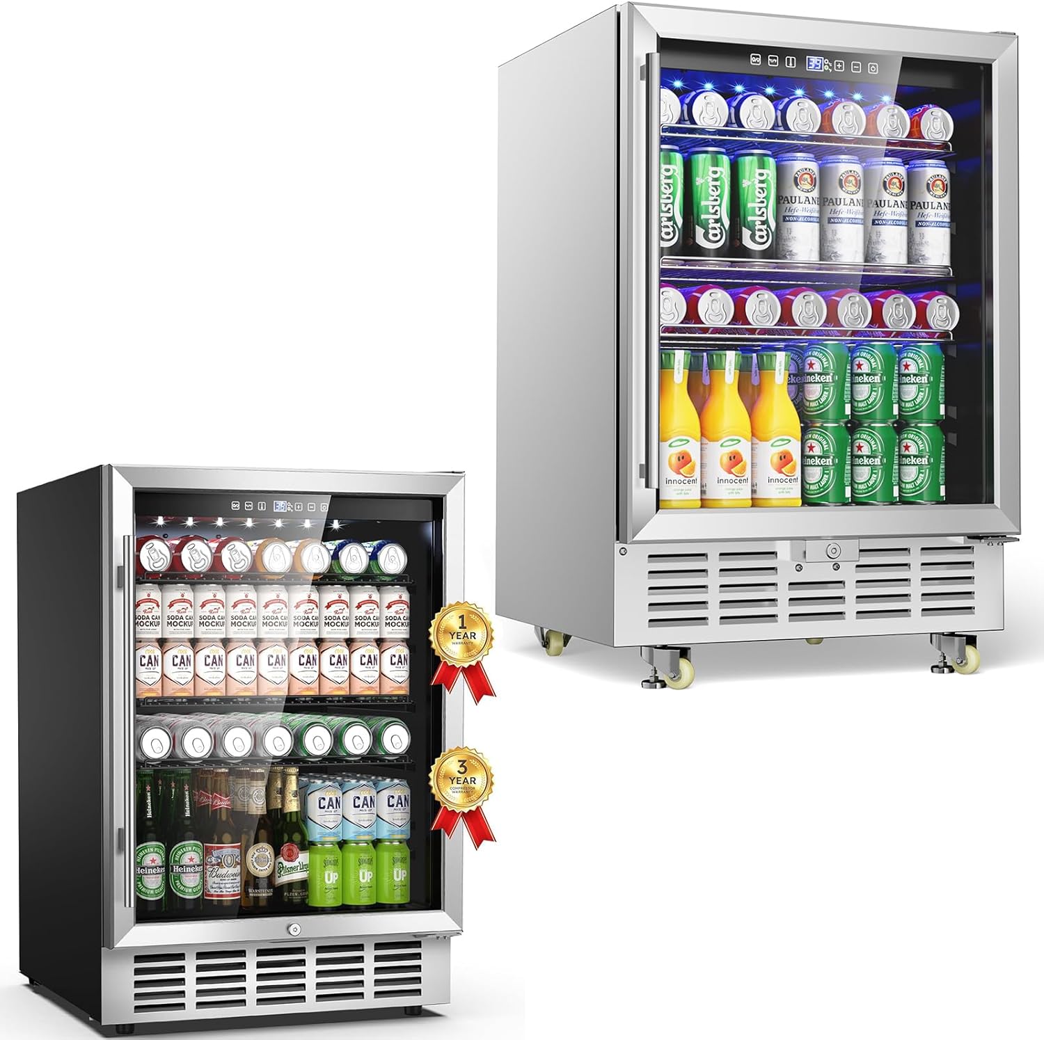 Outdoor Beverage Refrigerator with Glass Door, 24 Inch Under Counter Indoor/Outdoor Beverage Fridge for Patio, 190 Cans Built-in/Freestanding Beverage Cooler Beer Fridge with Safety Lock/Wheels