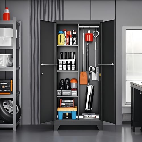 Broom Closet Storage Cabinet, 71" Metal Garage Cabinets with Lock & Hanging Rods, Utility Closet for Brooms and Mops, Cleaning Tool Cabinet for Home Office, Laundry Room