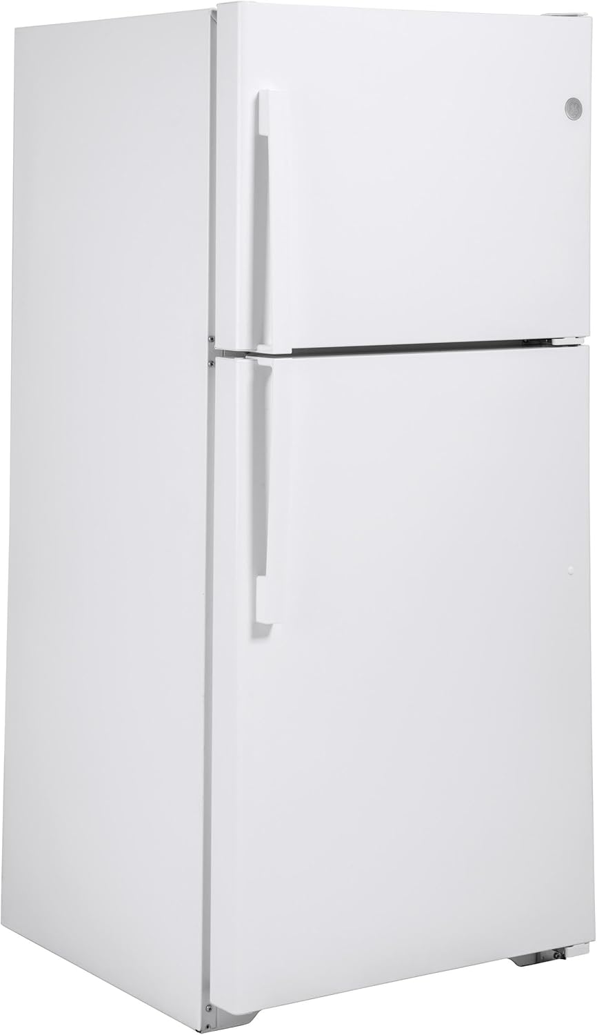 GE GTE19DTNRWW 30 Inch Freestanding Top Freezer Refrigerator with 19.1 cu. ft. Total Capacity, 2 Wire Shelves, 5.6 cu. ft. Freezer Capacity, Right Hinge with Reversible Doors, Crisper Drawer, Frost F