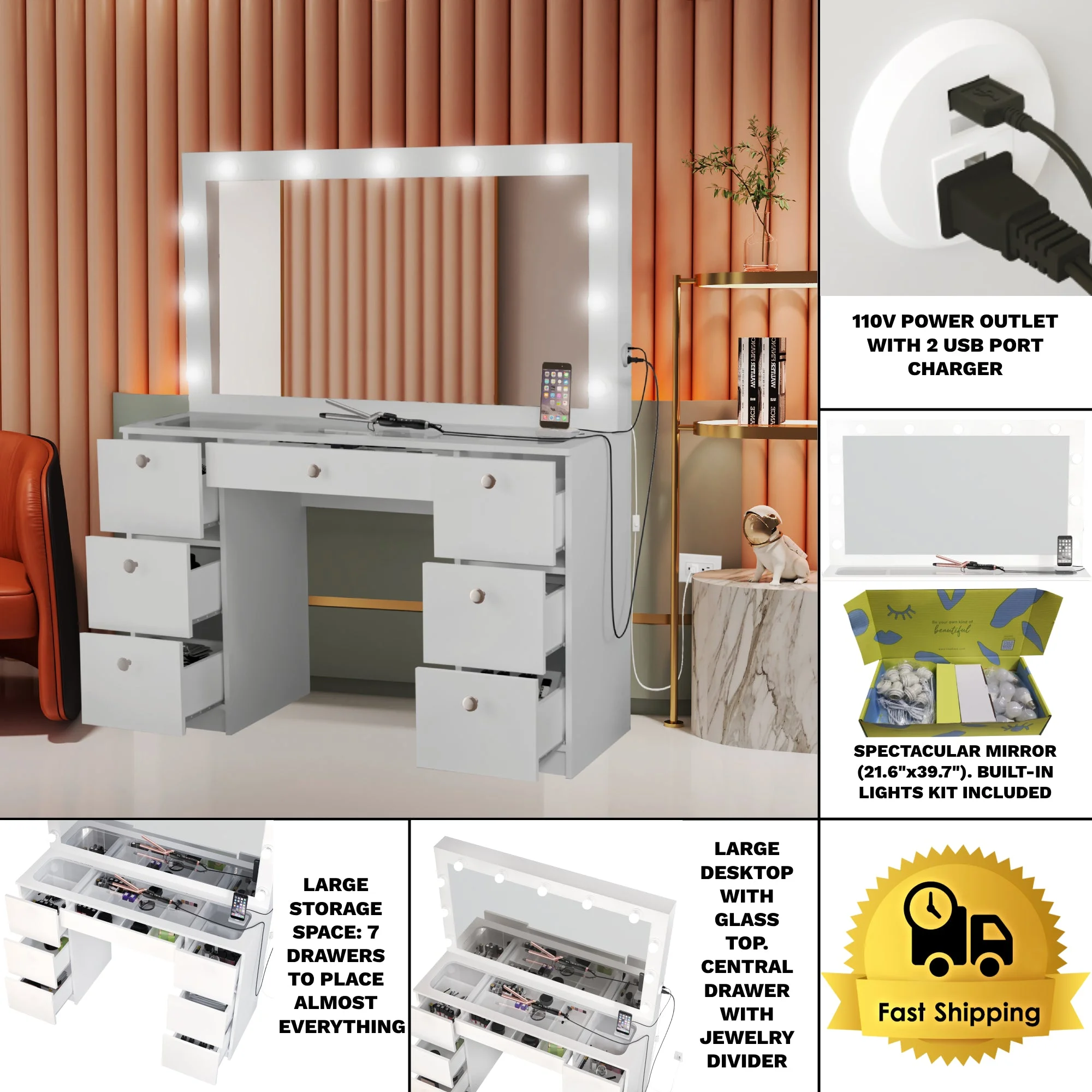 Boahaus Modern Yara Makeup Vanity Table Set with Mirror, 7 Drawers, White, Built-in Lights
