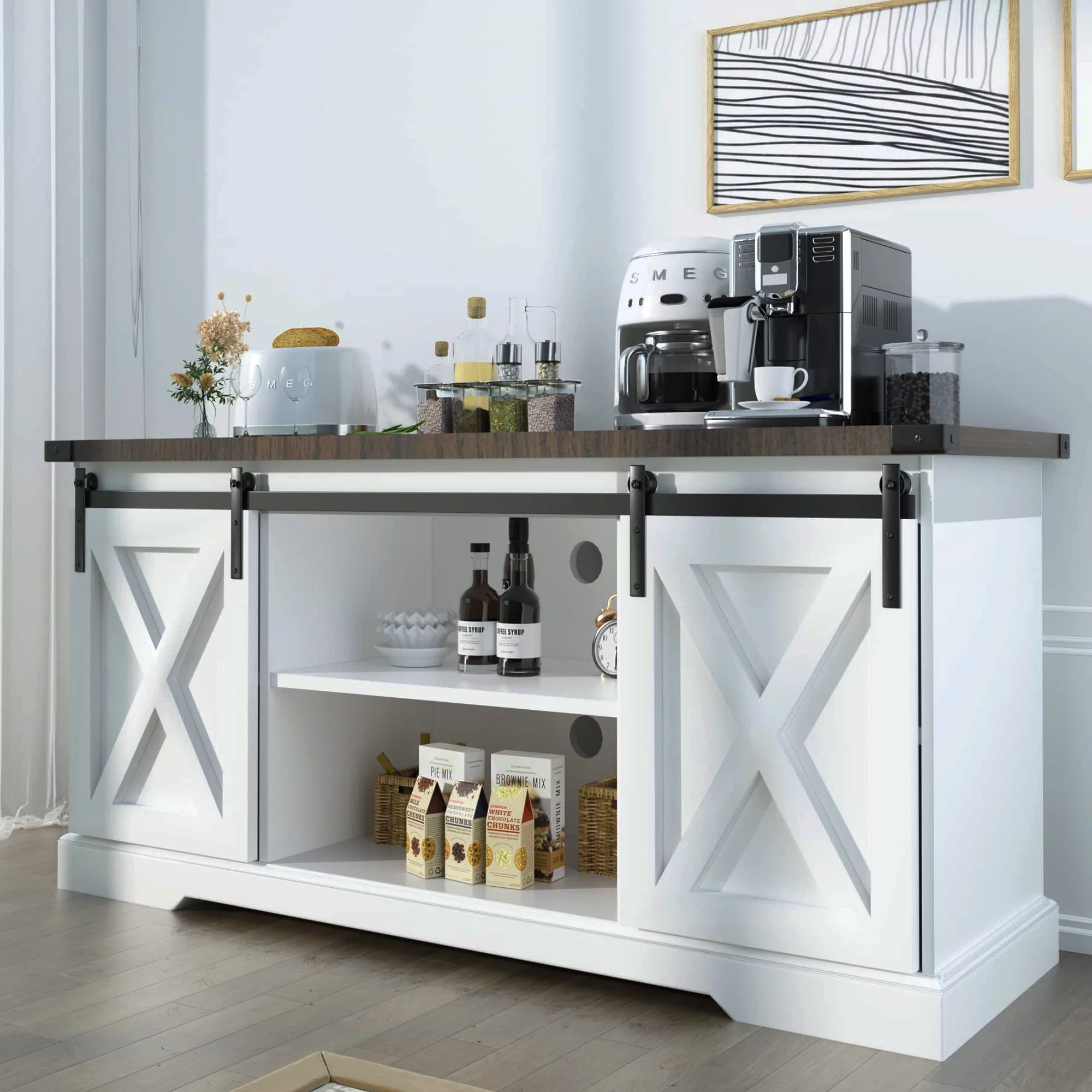 Chvans Farmhouse Barn Door TV Stand for up to 65 TVs /23 Electric Fireplace, Entertainment Center Console Table with Adjustable Shevles(58)