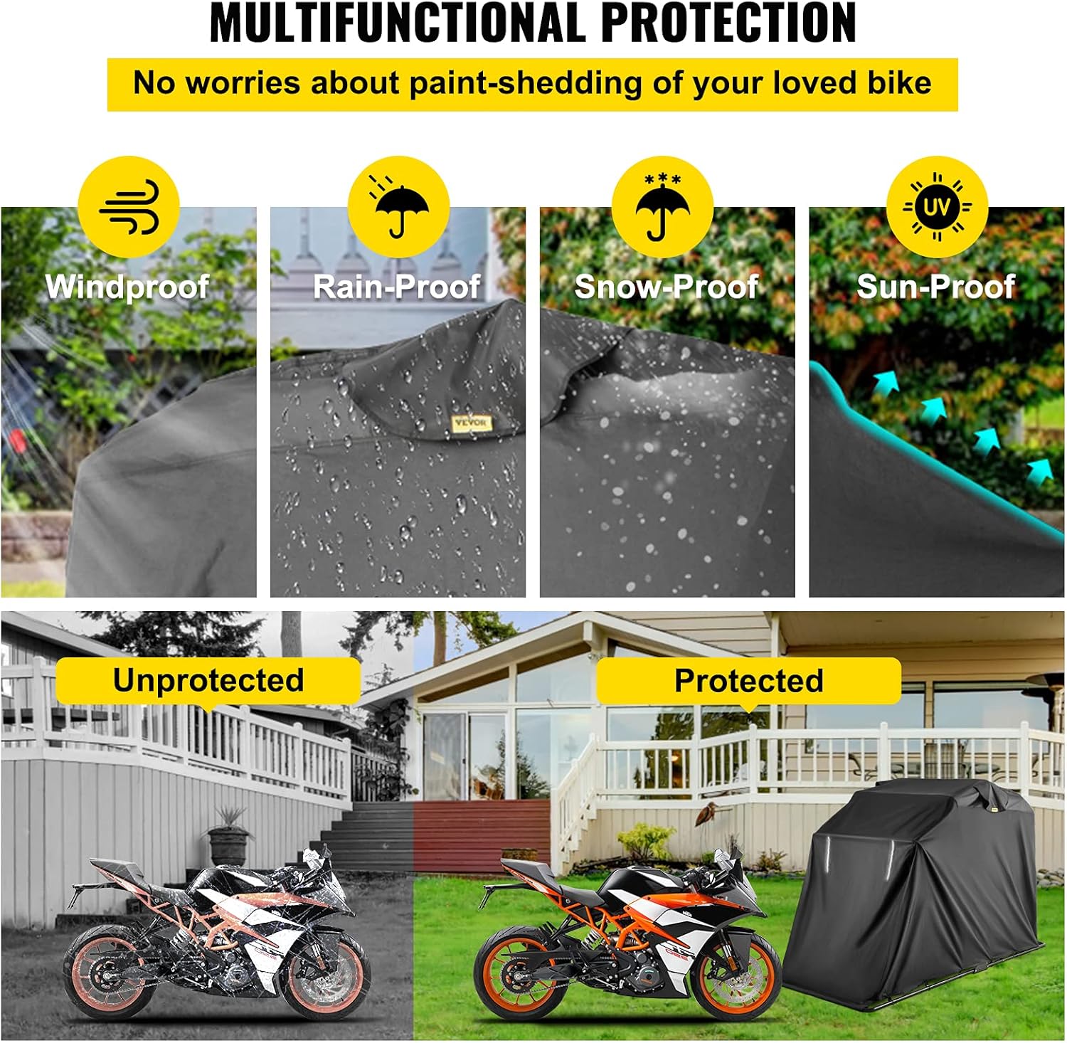 VEVOR Waterproof Motorcycle Cover,Motorcycle Shelter,Heavy Duty Motorcycle Shelter Shed, 600D Oxford Motorbike Shed Anti-UV, 106.3"x41.3"x61" Black Shelter Storage Garage Tent w/Lock & Weight Bag