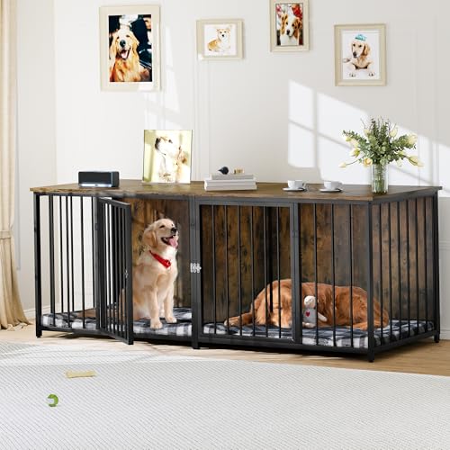 DWVO Double Dog Kennel Furniture, 80.2" Dog Cage Furniture with Divider, Double Dog Crate TV Stand for 2 Medium Dogs, Black