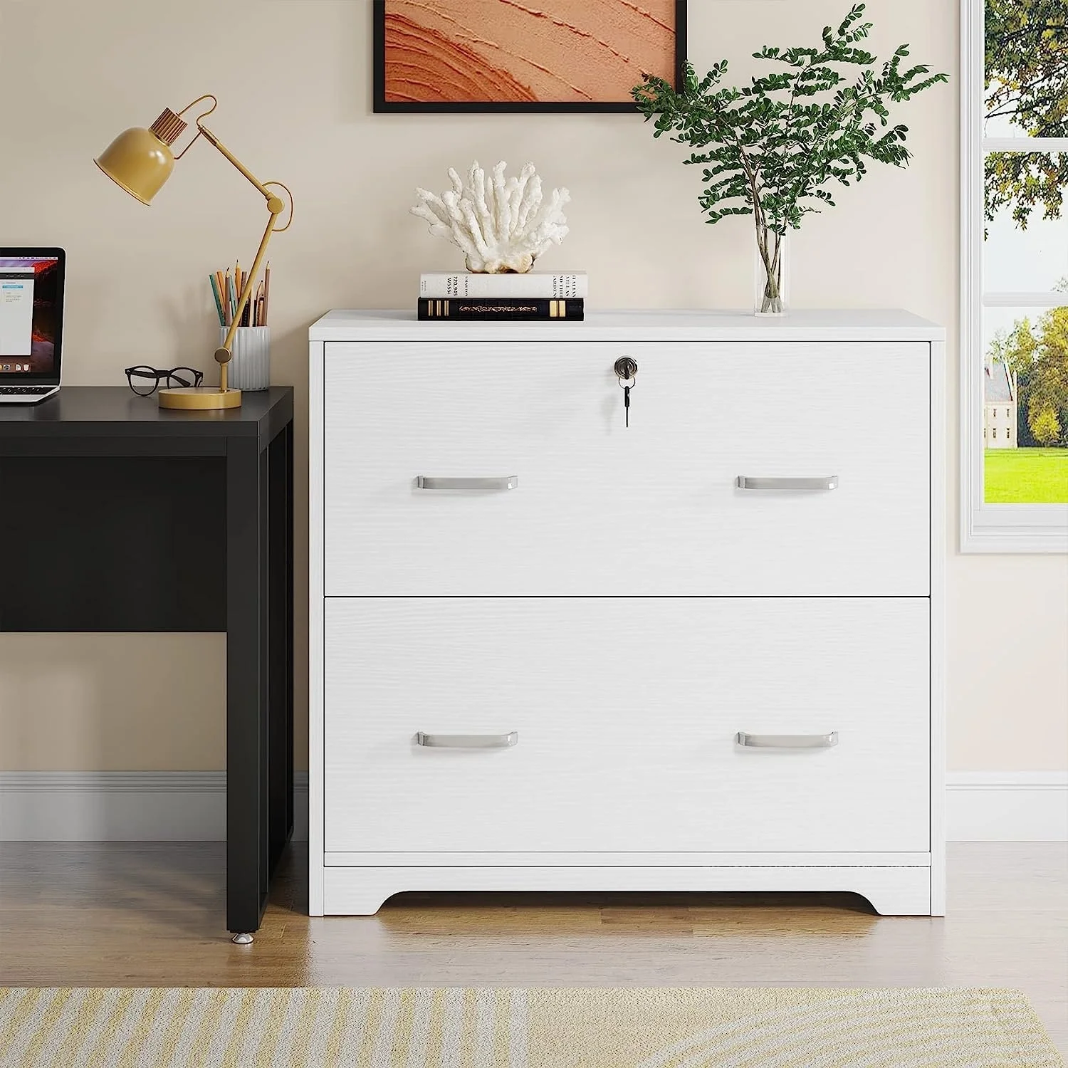 2-Drawer Lateral File Cabinet with Lock, Large Wood Filing Cabinet White