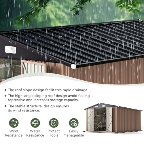 Aoxun 10 x 12FT Outdoor Storage Shed with Double Hinged Large Door Utility Garden Shed with Lockable Door & Sloped Roof Metal Sheds Outdoor Storage for Garden, Backyard, Patio and Backyard, Brown