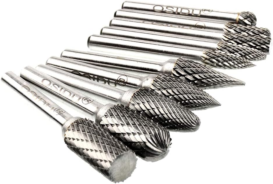 OSIDU Carbide Burr Set 10pcs Die Grinder Bits 1/2 Inch Cutting Burrs 1/4 Inch Shank Double Cut Carbide Rotary Burr Set for Die Grinder Drill,Metal Carving,Polishing,Engraving,Drilling