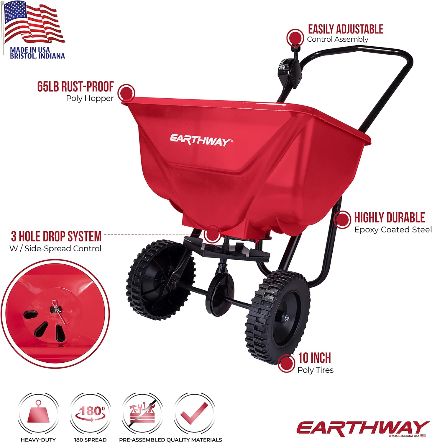 EarthWay 2030 Single Walk-Behind 65 LB Capacity Commercial Broadcast Spreader for Lawns and Gardens — Spreader for Grass, Fertilizer, Seeds — Includes Side Spread Control, Even Spread, Poly Tires Pack of 2