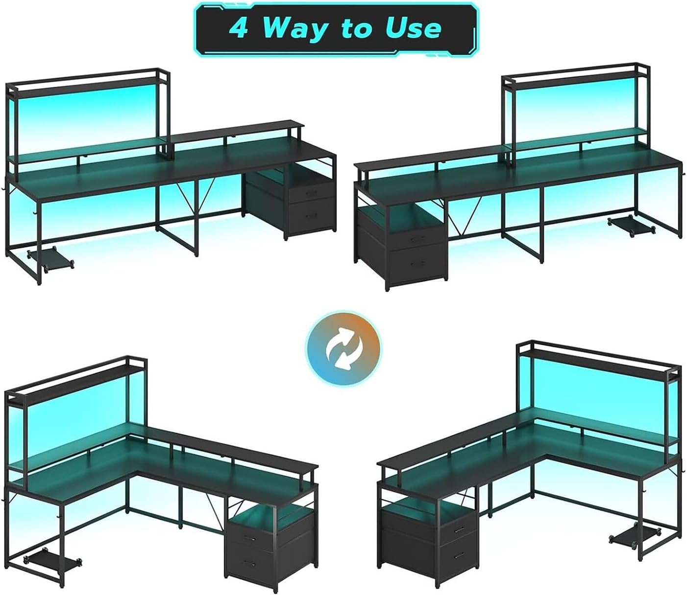 New Modern Black 67" L Shaped Desk Computer Monitor Shelf Two Person Cabinet File Drawer Storage Shelves Led Lights Corner Reversible Office Study Home 67”L x 47.2”W x 62.2”H of Set