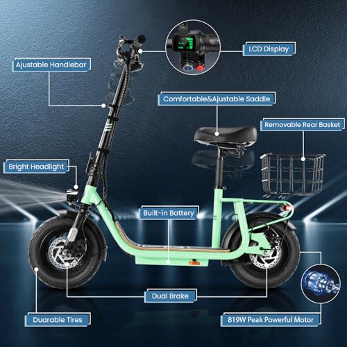 Caroma Peak 800W/1200W Electric Scooter Adults, 30 Miles Max Range, Foldable Electric Scooter with Seat, Front Suspension, Detachable Large Basket,Commuter E-Scooter for Adult and Teens