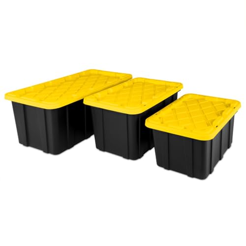 Sterilite 38 Gallon Industrial Stackable Storage Tote Snap-Fit Lidded Home Garage Organization Container with Carrying Handles, 8 Pack, Black/Yellow