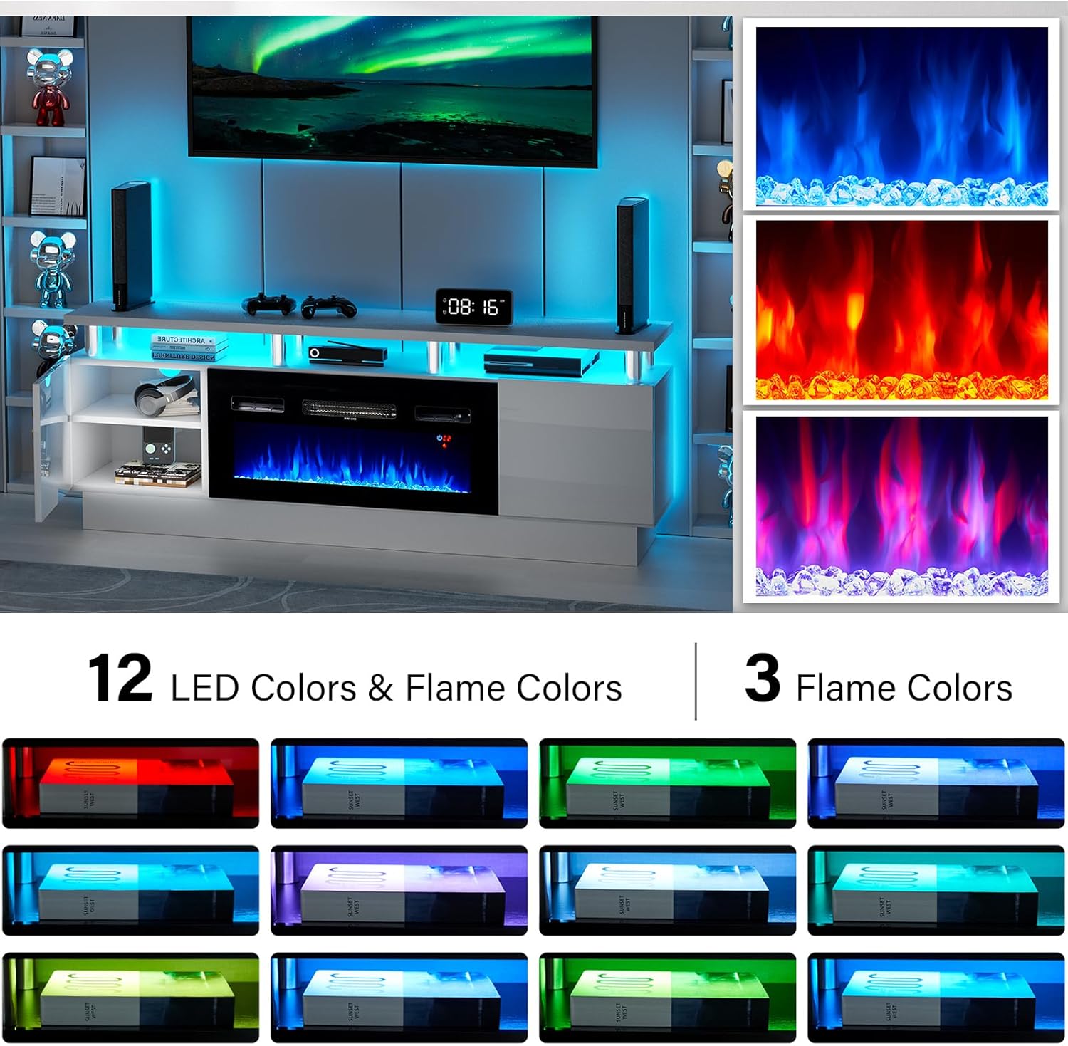 Fireplace TV Stand with 36" Electric Fireplace,2 Tier TV Console Stand, LED Light Entertainment Center, for TVs Up to 80", Fireplace for The Living Room TV Stand,(White)
