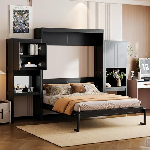 KLMM Wooden Murphy Bed Wall Bed with 2 Wardrobe and Storage Shelf,Foldable Platform Bedframe for Guest-Room Bedroom Study Office Use (White#E, Full)