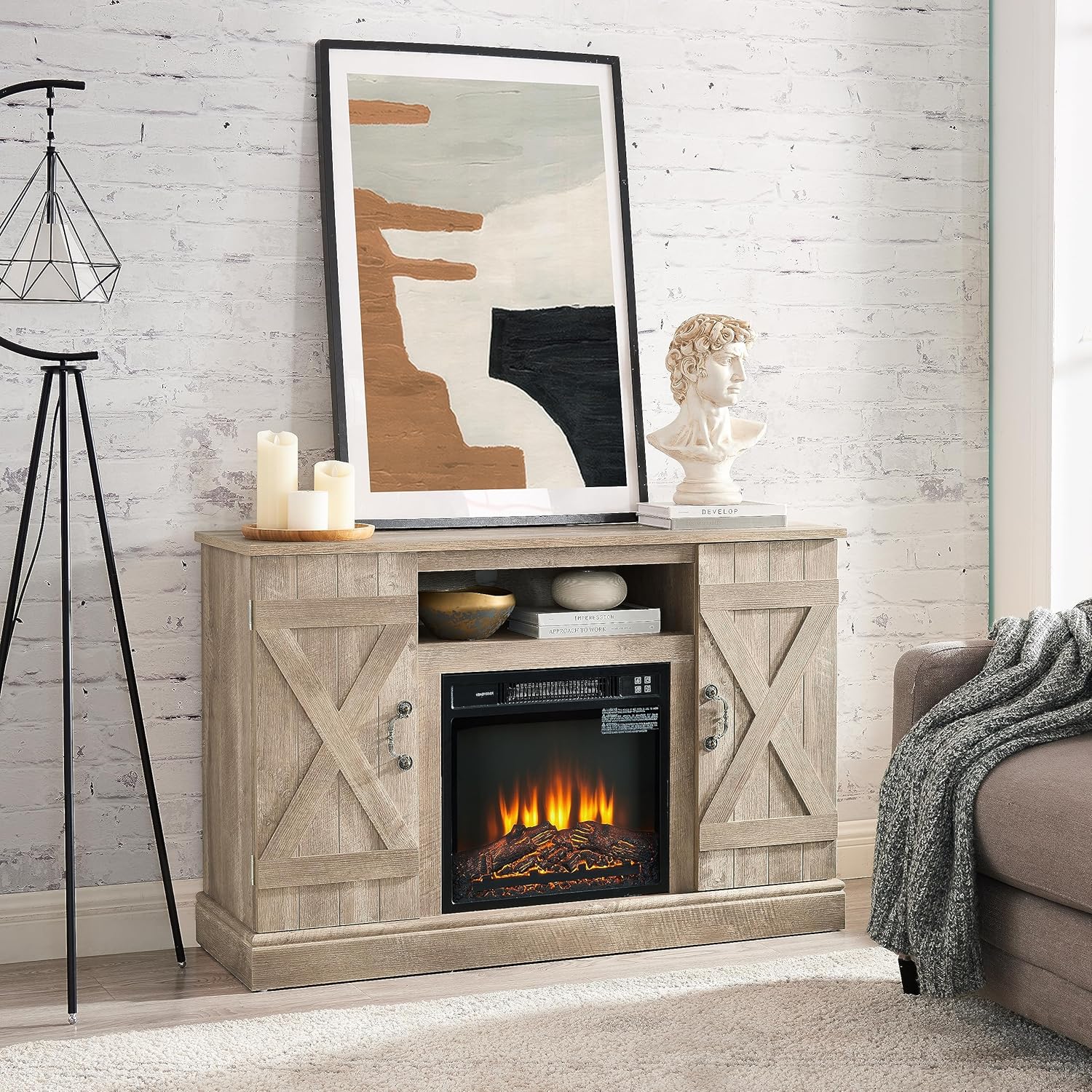 LANTRO JS Electric Fireplace TV Stand Tv Stands for Living Room with Fireplace Entertainment Center with Fireplace with 18inch Fireplace Insert for TV up to 50inch Light Gray