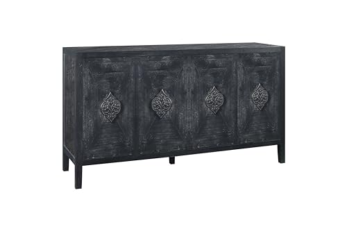 Retro Design 60'' Sideboard Large Storage Cabinet with 4 Doors and Adjustable Shelves, Solid Wood Console Table TV Stand with Open Storage for Kitchen Living Room (Smoke Blue)
