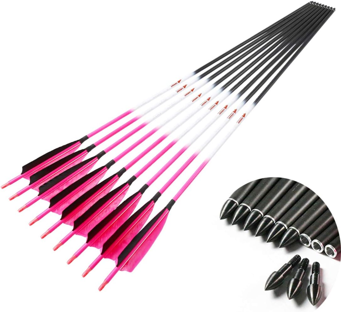 Linkboy Archery Carbon Arrows Hunting Practice Target Arrows Fluorescent with Removable Tip for Compound Recurve Long Bows, Spine 300 340 400 500 600, Pack of 6/12PCS